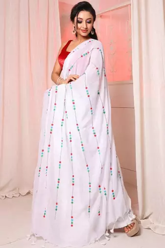 floral embroidered pure cotton saree