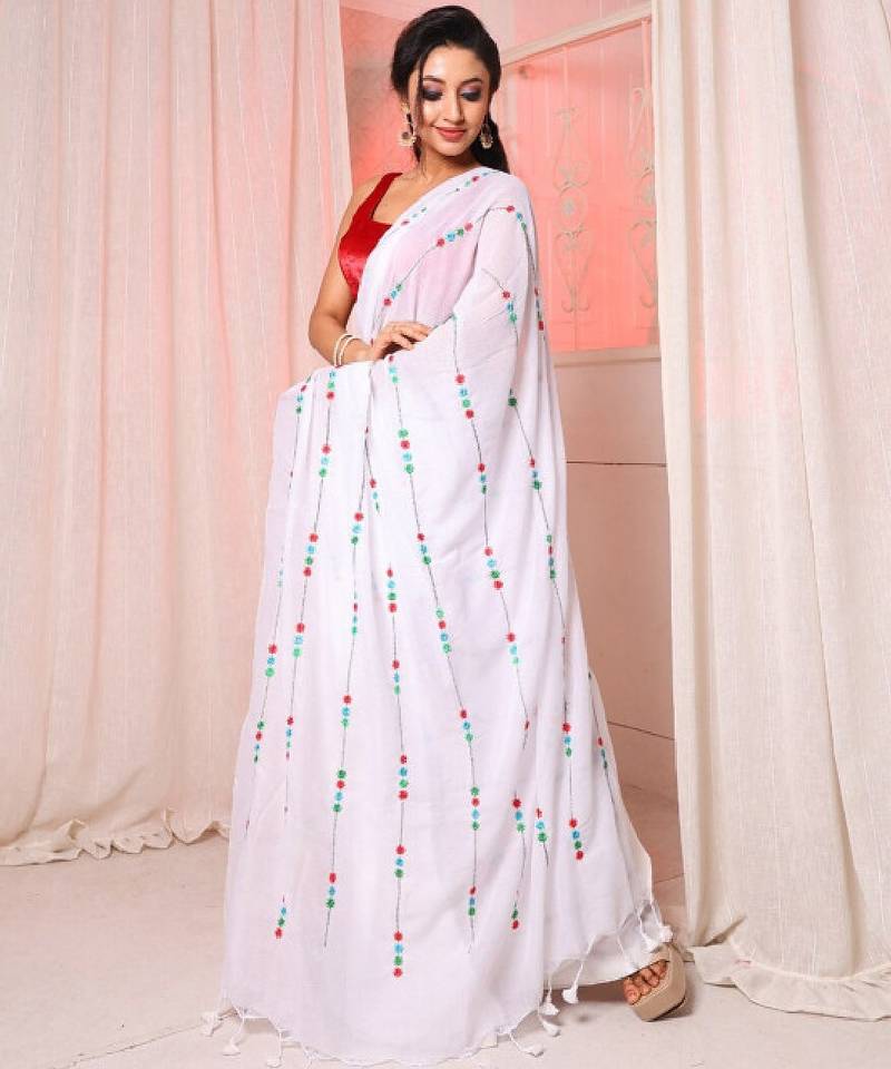 floral embroidered pure cotton saree