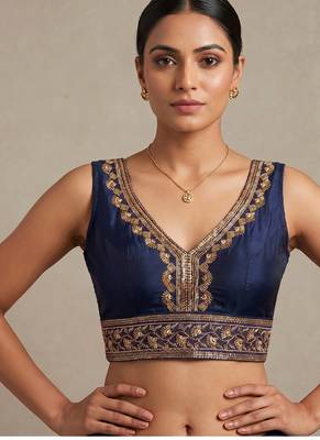Navyblue roman silk with coading sequence & beads work readymade blouse 1