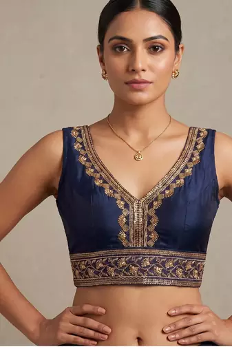 Navyblue roman silk with coading sequence & beads work readymade blouse