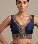 Navyblue roman silk with coading sequence & beads work readymade blouse