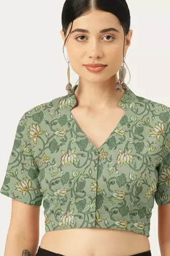 Green cotton sanganeri printed non padded blouse