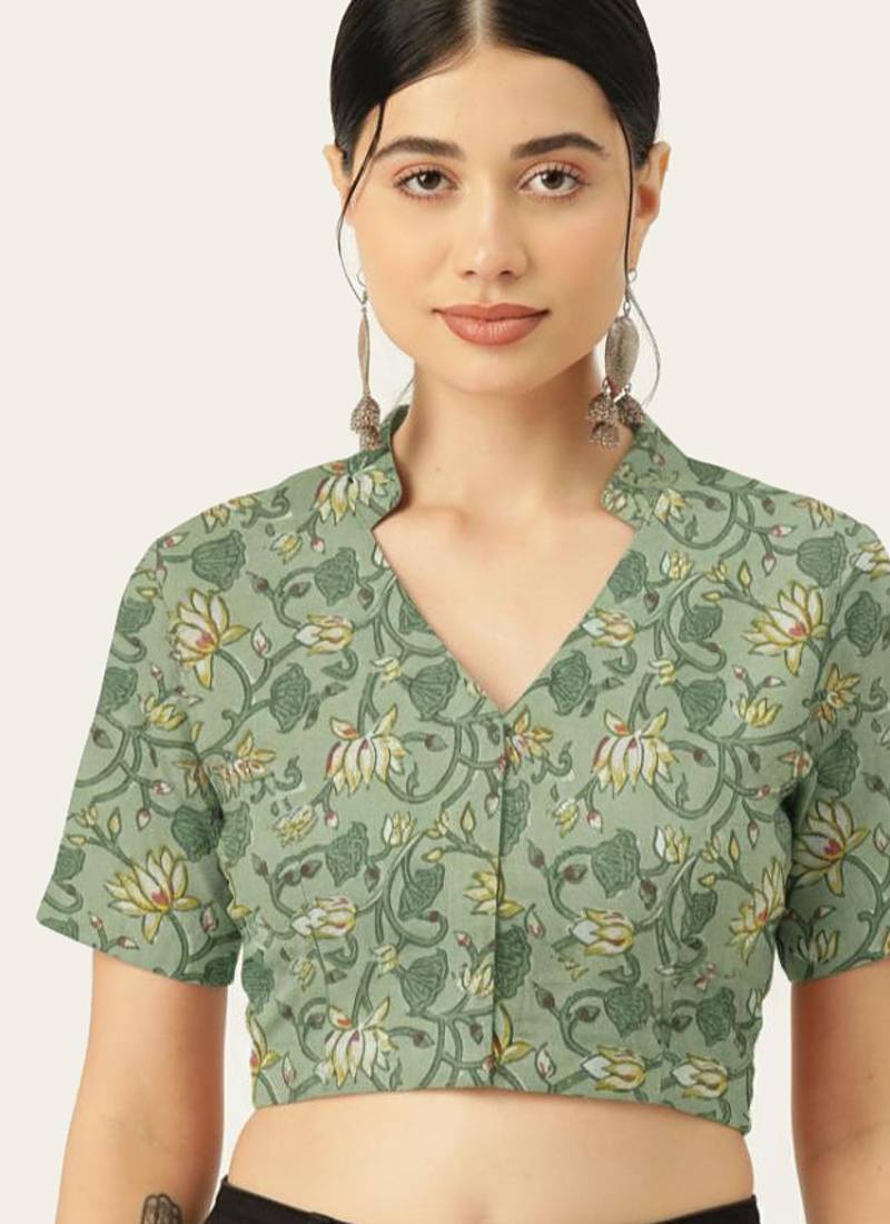 Green cotton sanganeri printed non padded blouse