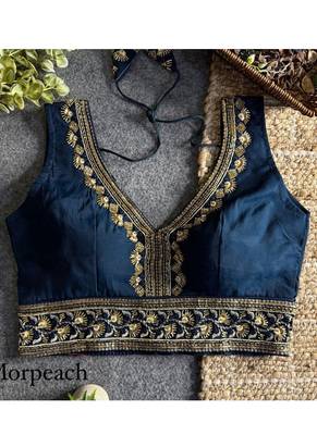 Navyblue roman silk with coading sequence & beads work readymade blouse 3