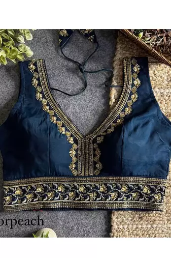 Navyblue roman silk with coading sequence & beads work readymade blouse