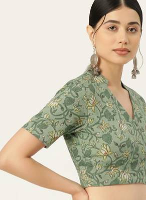 Green cotton sanganeri printed non padded blouse 4