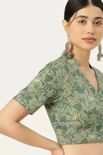 Green cotton sanganeri printed non padded blouse
