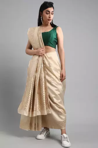 cream turquoise banarasi saree with floral woven zari design