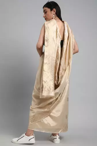 cream turquoise banarasi saree with floral woven zari design