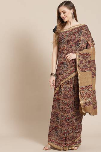 cream ajrak printed handloom saree