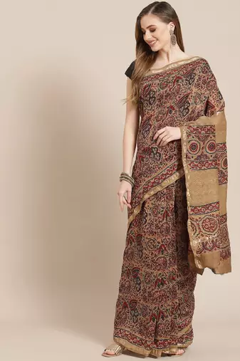 cream ajrak printed handloom saree