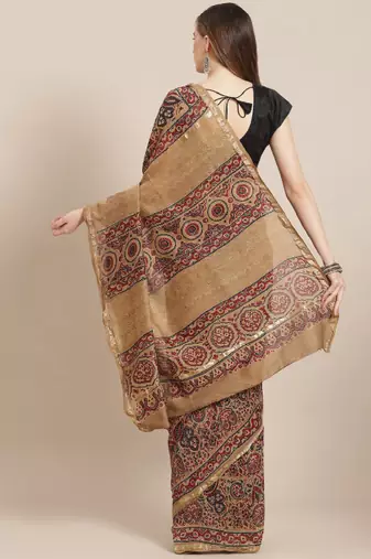 cream ajrak printed handloom saree