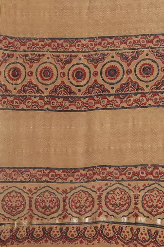 cream ajrak printed handloom saree