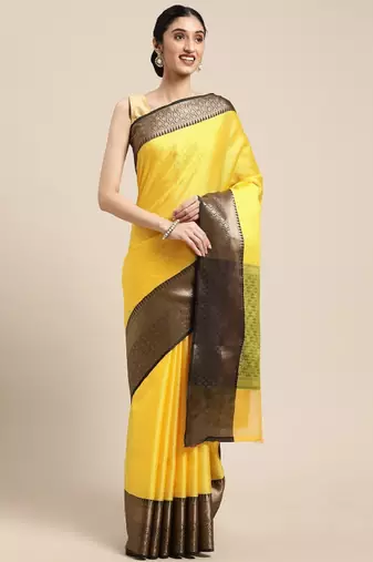 gold banarasi saree with woven ethnic motifs zari design