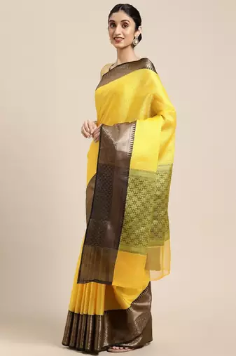 gold banarasi saree with woven ethnic motifs zari design