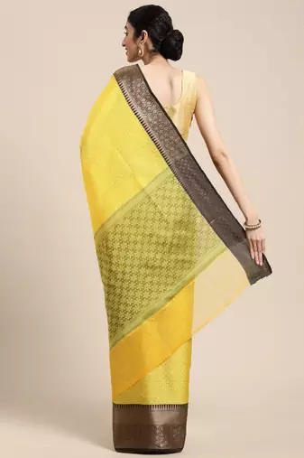 gold banarasi saree with woven ethnic motifs zari design