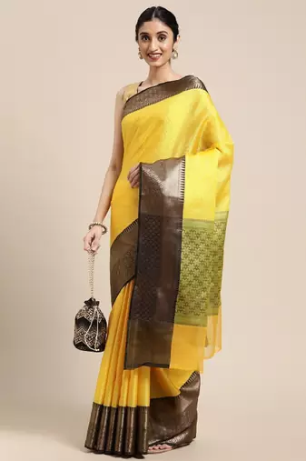 gold banarasi saree with woven ethnic motifs zari design