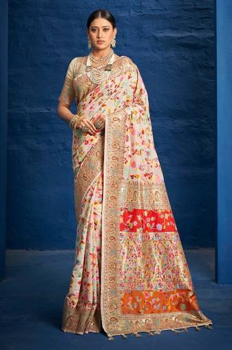 cream zari design kanjeevaram saree with woven ethnic motifs