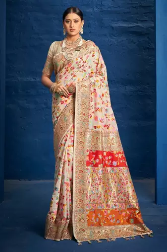 cream zari design kanjeevaram saree with woven ethnic motifs