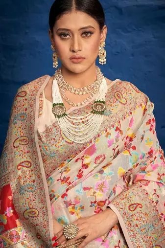 cream zari design kanjeevaram saree with woven ethnic motifs