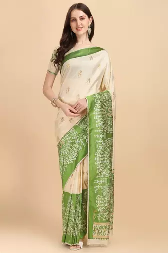 cream warli art viscose rayon kasavu saree