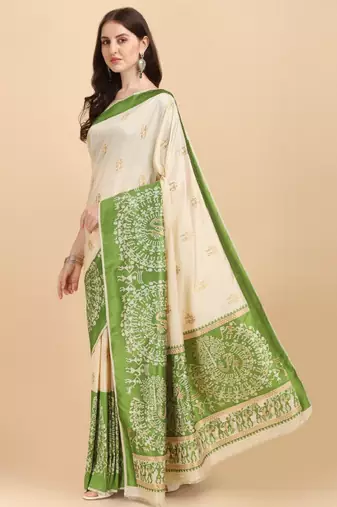 cream warli art viscose rayon kasavu saree