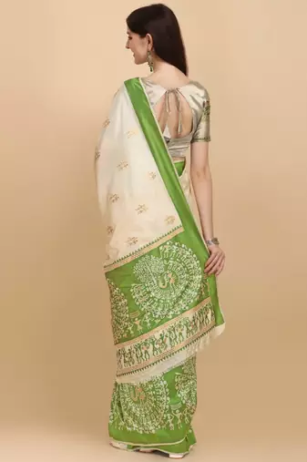 cream warli art viscose rayon kasavu saree