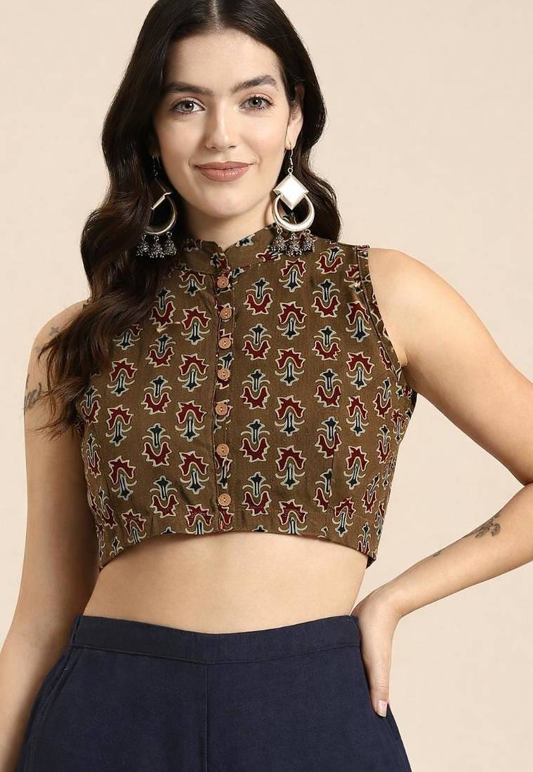 Brown cotton ajrak printed non padded blouse