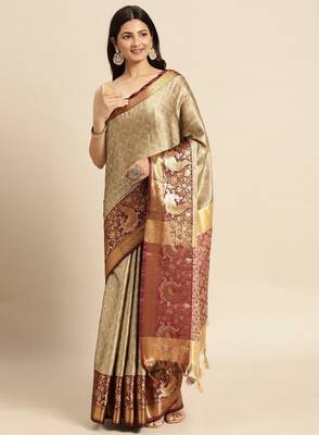 Ethnic motifs woven design zari silk cotton mysore silk saree 1