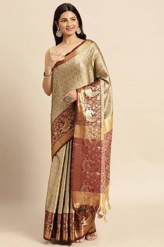 Ethnic motifs woven design zari silk cotton mysore silk saree