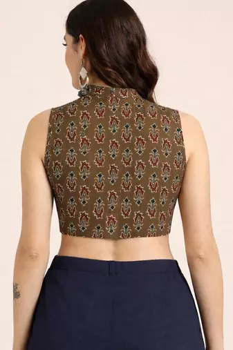 Brown cotton ajrak printed non padded blouse