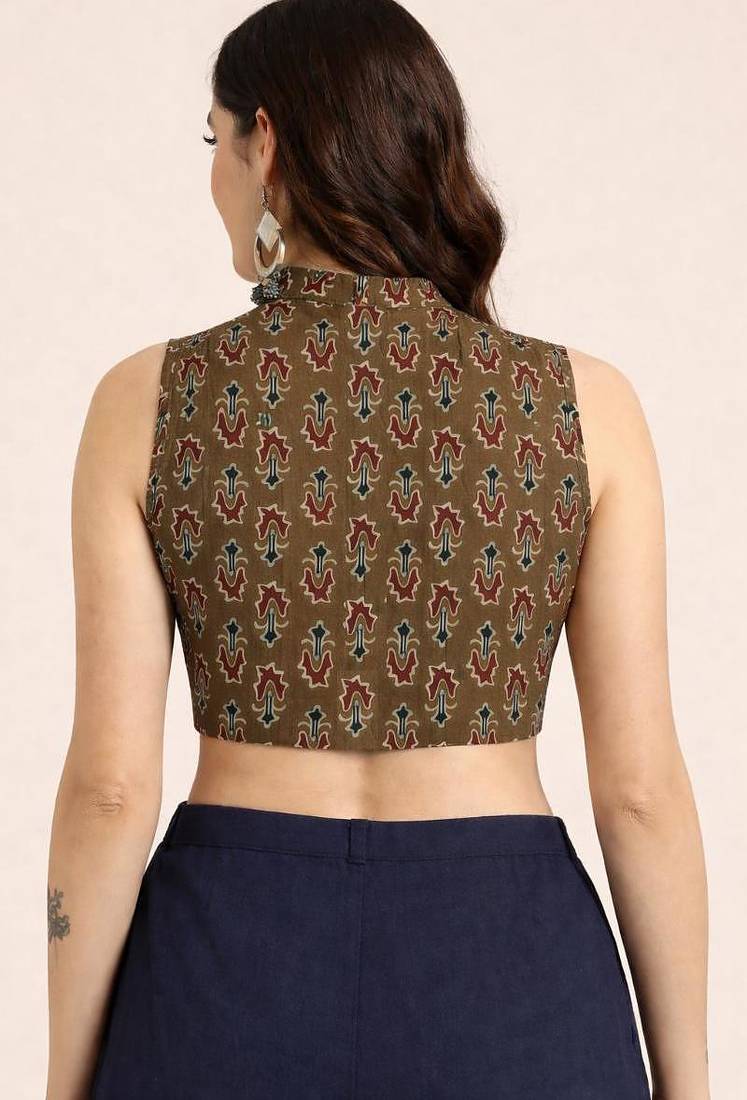 Brown cotton ajrak printed non padded blouse