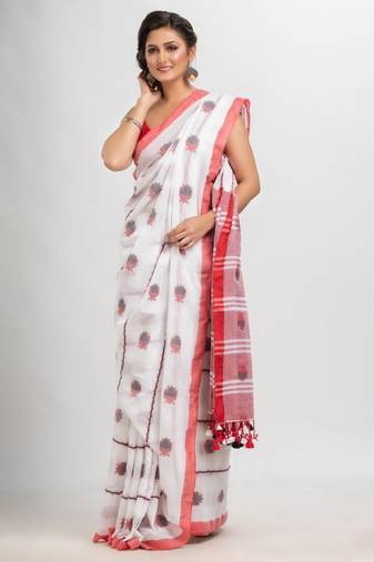 white ethnic motifs woven design pure cotton saree