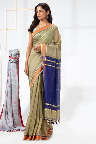 beige cotton saree with woven design