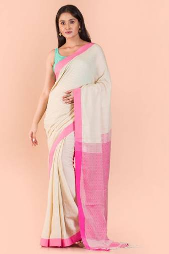 cream pure cotton saree with geometric woven design