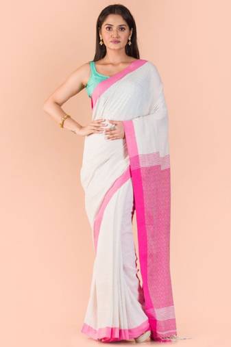 white ethnic woven design pure cotton saree