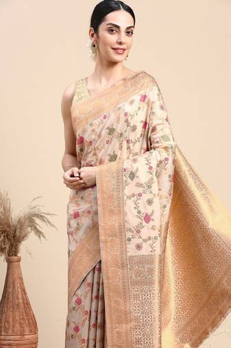cream silk blend banarasi saree with floral zari design