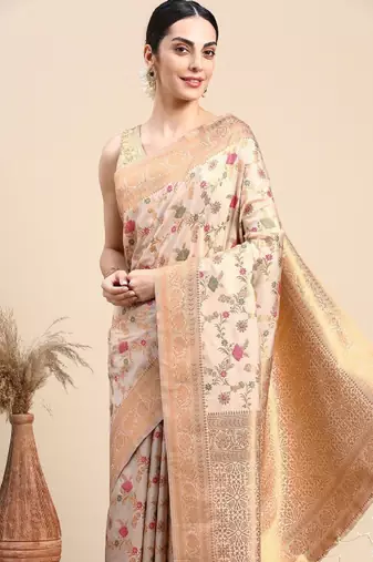 cream silk blend banarasi saree with floral zari design