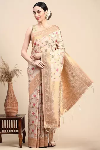 cream silk blend banarasi saree with floral zari design