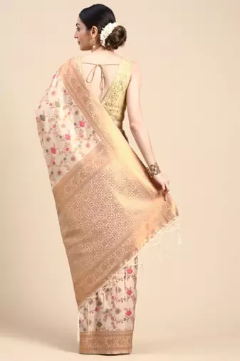 cream silk blend banarasi saree with floral zari design