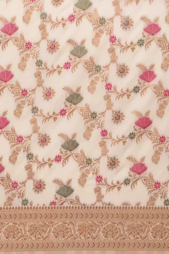 cream silk blend banarasi saree with floral zari design