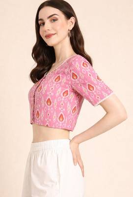 Pink cotton sanganeri printed non padded blouse 3