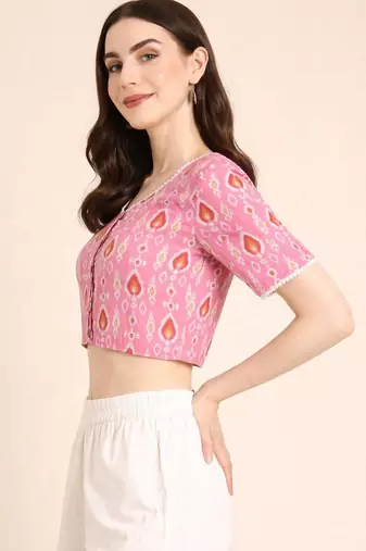 Pink cotton sanganeri printed non padded blouse