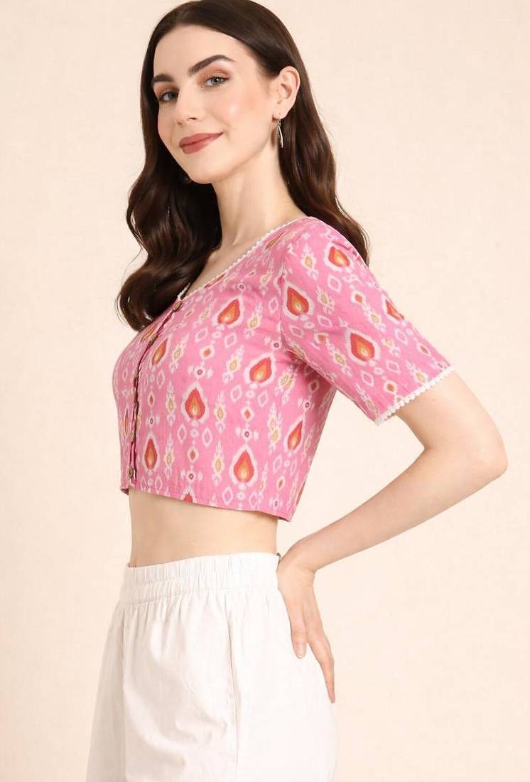 Pink cotton sanganeri printed non padded blouse