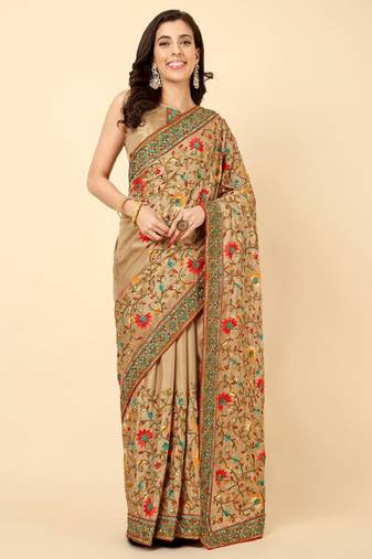 cream embroidered designer silk saree