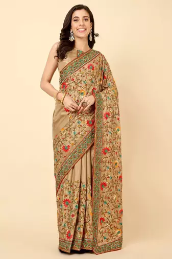 cream embroidered designer silk saree