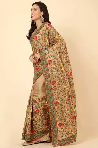 cream embroidered designer silk saree