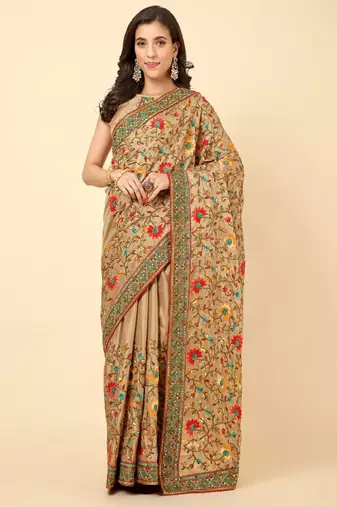cream embroidered designer silk saree
