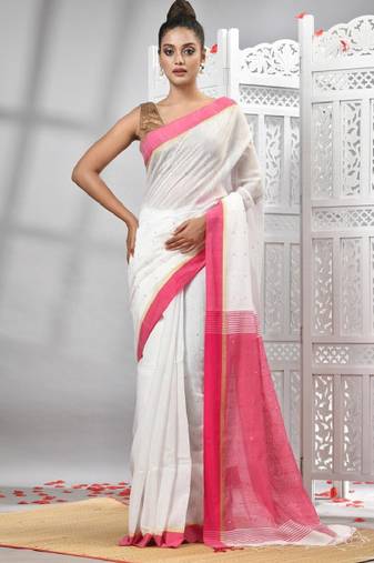 white striped woven design cotton saree with pink border