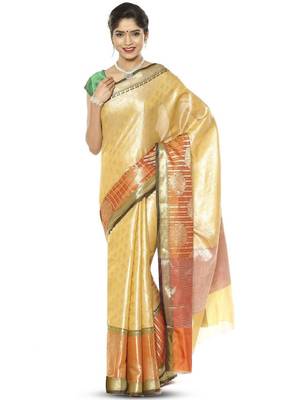 Beige & green ethnic motifs zari silk kanjeevaram saree 1